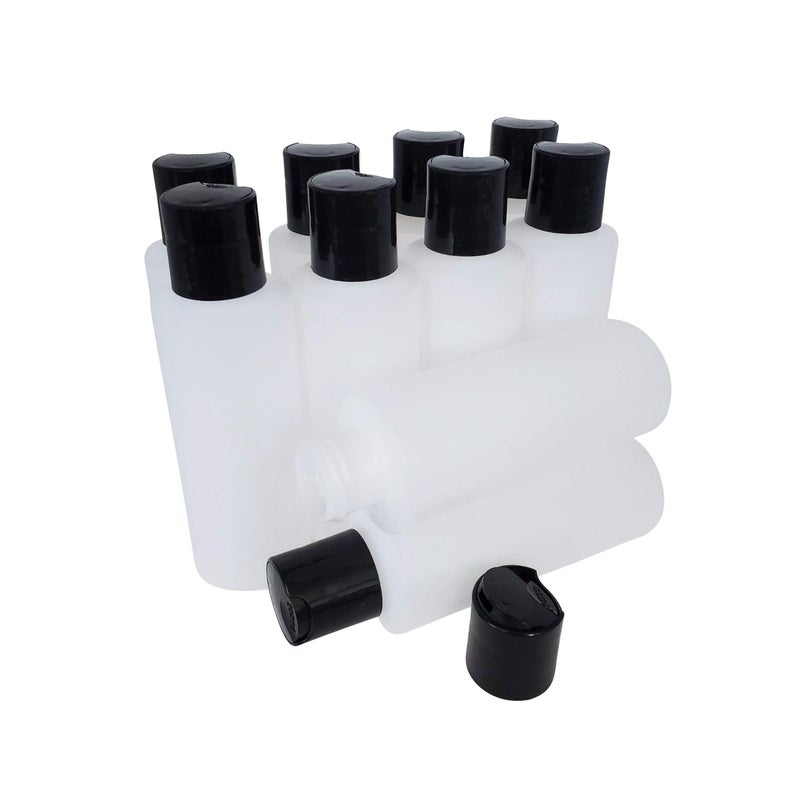 kelkaa 4oz HDPE Durable Squeezable Plastic Bottles with Black Press Disc Top Cap Natural Clear Container for Any Liquid Products MultiPurpose Empty Refillable Bottles Pack of 10
